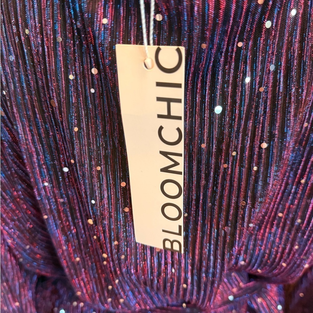 NWT Bloomchic Sequin Mesh Lantern Sleeve Belted Striped Blouse 22-24 Stretch - Picture 9 of 16